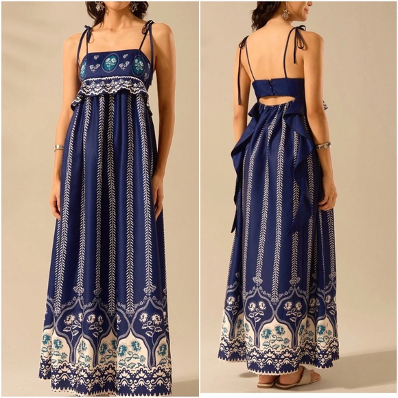 Boho Navy Blue floral Print Cut out Ruffle Maxi Dress - Picture 1 of 9
